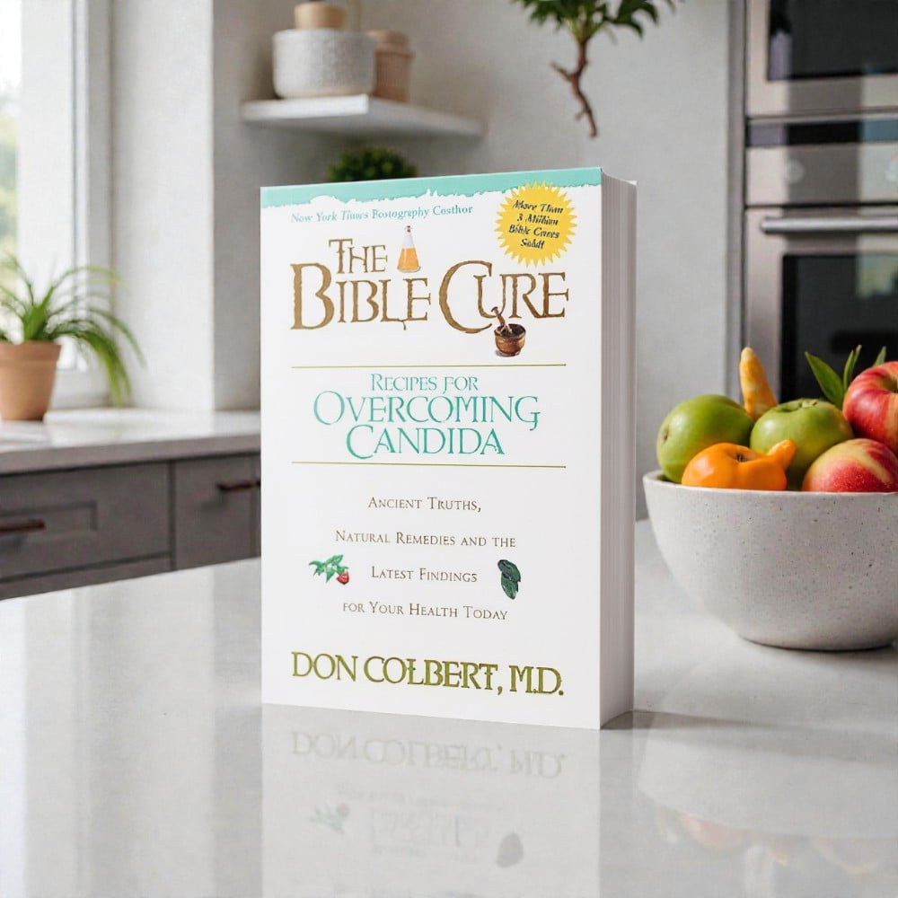 The Bible Cure: Recipes for Overcoming Candida” by Don Colbert, MD stands upright on a bright white kitchen countertop, with a bowl of fresh fruit, green apples, and vegetables nearby, modern cabinets in the background, and natural light highlighting the book cover.