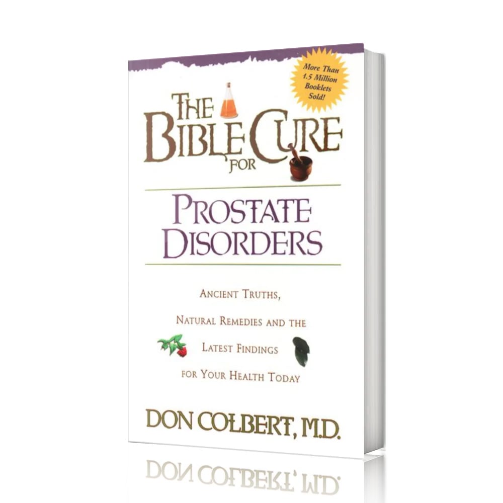 A softcover copy of “The Bible Cure for Prostate Disorders” by Don Colbert, MD is displayed upright against a plain white background, showing the purple-accented cover design, gold title lettering, and subtitle highlighting natural remedies and health guidance.