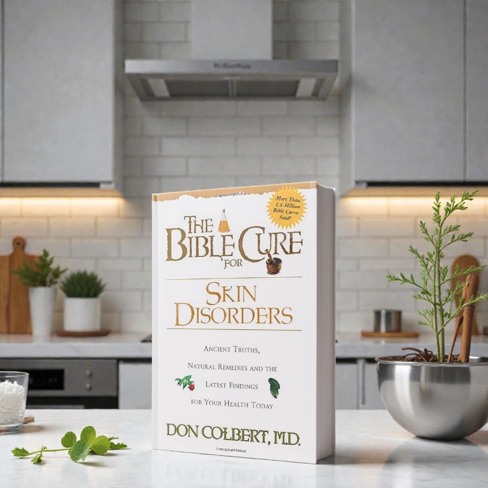 A softcover copy of “The Bible Cure for Skin Disorders” by Don Colbert, MD is displayed standing upright on a light-colored kitchen countertop. The book’s white cover with gold and green lettering faces forward, showing the full title, subtitle, herbal illustrations, and bestseller seal. The background features a modern kitchen with white tile backsplash, stainless steel range hood, soft under-cabinet lighting, small potted plants, wooden cutting boards, and a metal bowl holding greenery, creating a clean, wellness-focused lifestyle setting.