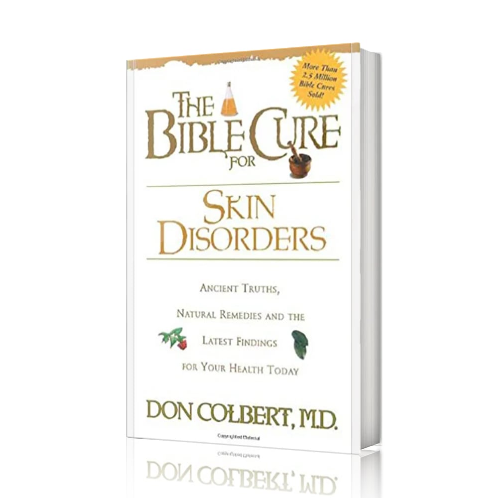 A softcover copy of “The Bible Cure for Skin Disorders” by Don Colbert, MD is shown standing upright against a clean white background, displaying the full front cover with gold and green lettering, herbal illustrations, and a bestseller seal. The book is photographed straight-on, highlighting its slim paperback format, crisp white cover design, and professional medical-faith publishing style with no additional props or environmental elements.