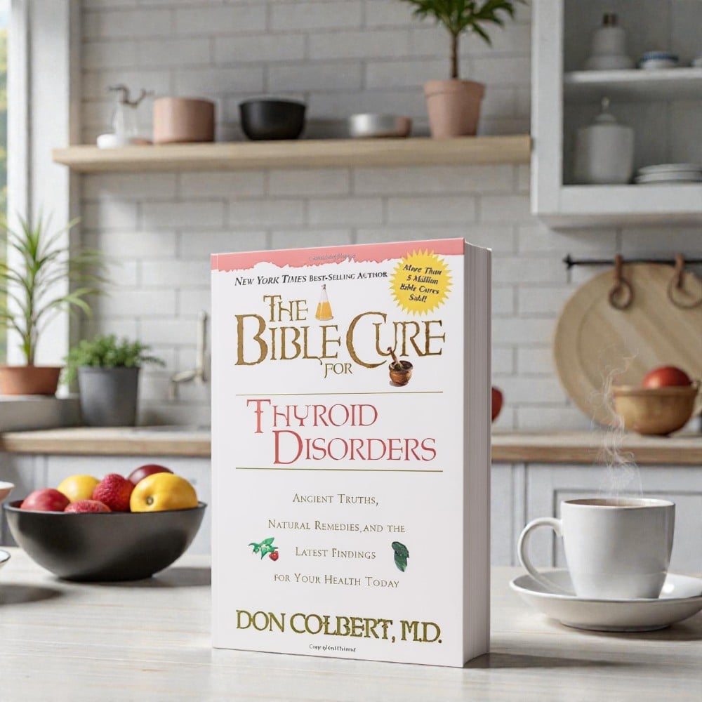 A softcover paperback copy of “The Bible Cure for Thyroid Disorders” by Don Colbert, MD is displayed standing upright on a light-colored kitchen countertop. The book is centered in the frame with its spine visible, showing the thickness of the softcover format. Behind it is a bright, modern kitchen setting with white subway tile backsplash, wooden shelves holding bowls and plants, a cutting board, and neutral décor. A bowl of fresh fruit sits to the left, while a white coffee cup with visible steam rests to the right, creating a warm, natural lifestyle scene.