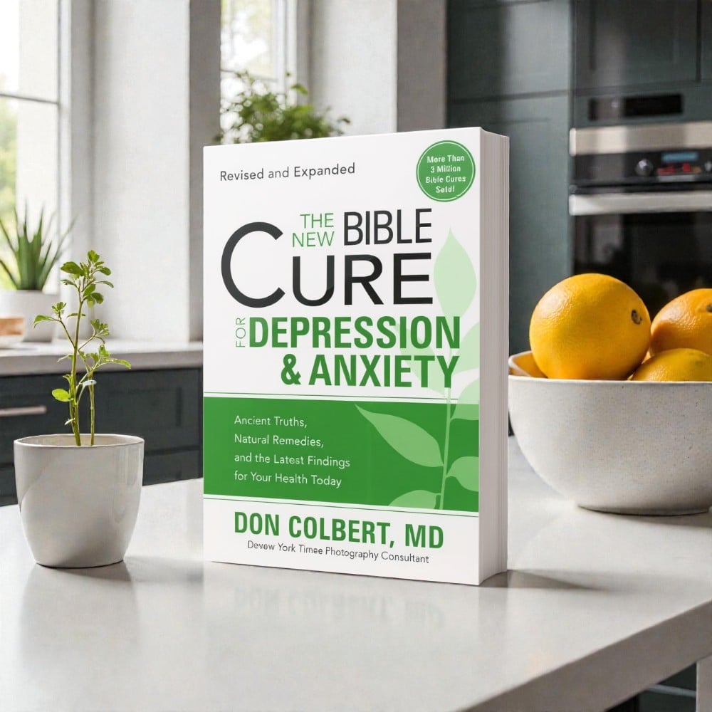 A revised and expanded softcover book titled “The New Bible Cure for Depression & Anxiety” by Don Colbert, MD is displayed upright on a bright white kitchen countertop. The book is angled slightly to the right, showing the softcover spine and page thickness. The green and white cover features bold typography, a leaf graphic symbolizing growth, and a circular green badge stating “More Than 3 Million Bible Cures Sold.” The scene includes a small potted plant to the left and a ceramic bowl filled with fresh oranges to the right, set against a modern kitchen background with soft natural daylight, conveying calm, balance, and emotional wellness.