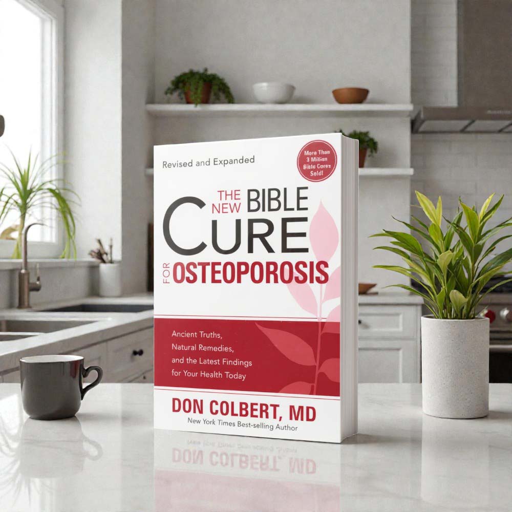 The New Bible Cure for Osteoporosis book by Dr. Don Colbert, MD from Divine Health displayed upright on a modern kitchen countertop with plants and coffee mug in the background. This natural health and wellness guide focuses on supporting bone density, skeletal strength, and joint health through improved nutrition, gut health balance, probiotics, collagen-supporting nutrients, and fiber-rich foods designed to promote strong bones, healthy mobility, and long-term wellness through holistic lifestyle practices.