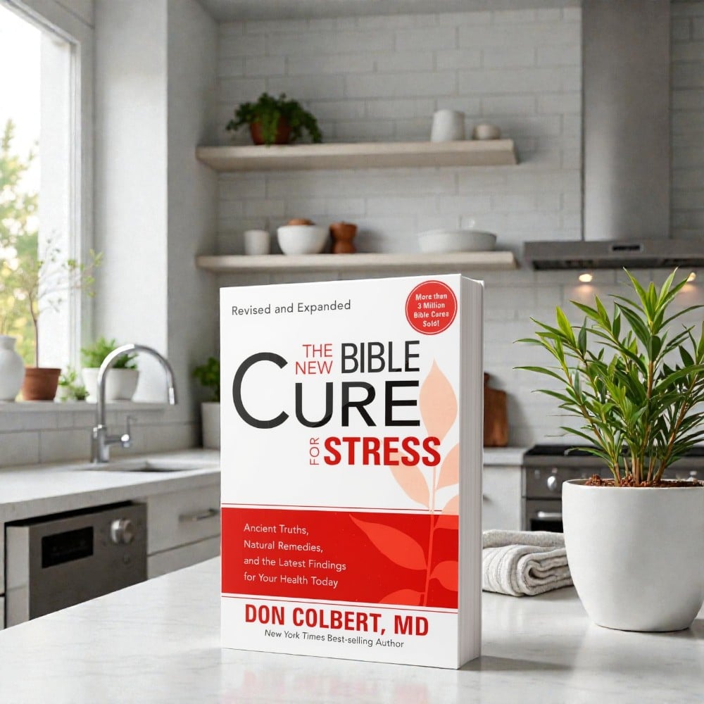 A softcover paperback copy of “The New Bible Cure for Stress” by Don Colbert, MD is displayed standing upright on a light-colored kitchen countertop. The book is positioned slightly angled, showing the front cover and the thickness of the pages. The cover design features a white background with bold black lettering for the word “CURE,” red text for “Stress,” and a red horizontal band across the lower third accented by a subtle leaf graphic. A circular red badge near the top right corner reads “More than 3 Million Bible Cures Sold,” while “Revised and Expanded” appears at the top. The book is staged in a bright, modern kitchen with white subway tile walls, open wooden shelves holding bowls and plants, a stainless steel stove in the background, and natural light streaming in from a window on the left. A potted green plant sits beside the book, reinforcing a calm, peaceful atmosphere.