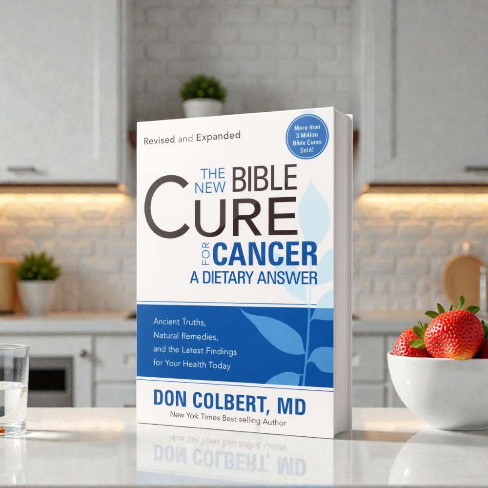 The New Bible Cure for Cancer: A Dietary Answer book by Dr. Don Colbert, MD displayed on a modern kitchen countertop with strawberries nearby, representing healthy nutrition. Published through the Divine Health wellness philosophy, the book explores natural health strategies including gut health support, probiotics, fiber-rich foods, balanced nutrition, and healthy fats like MCT oil to help support immune health, metabolic wellness, and overall vitality.
