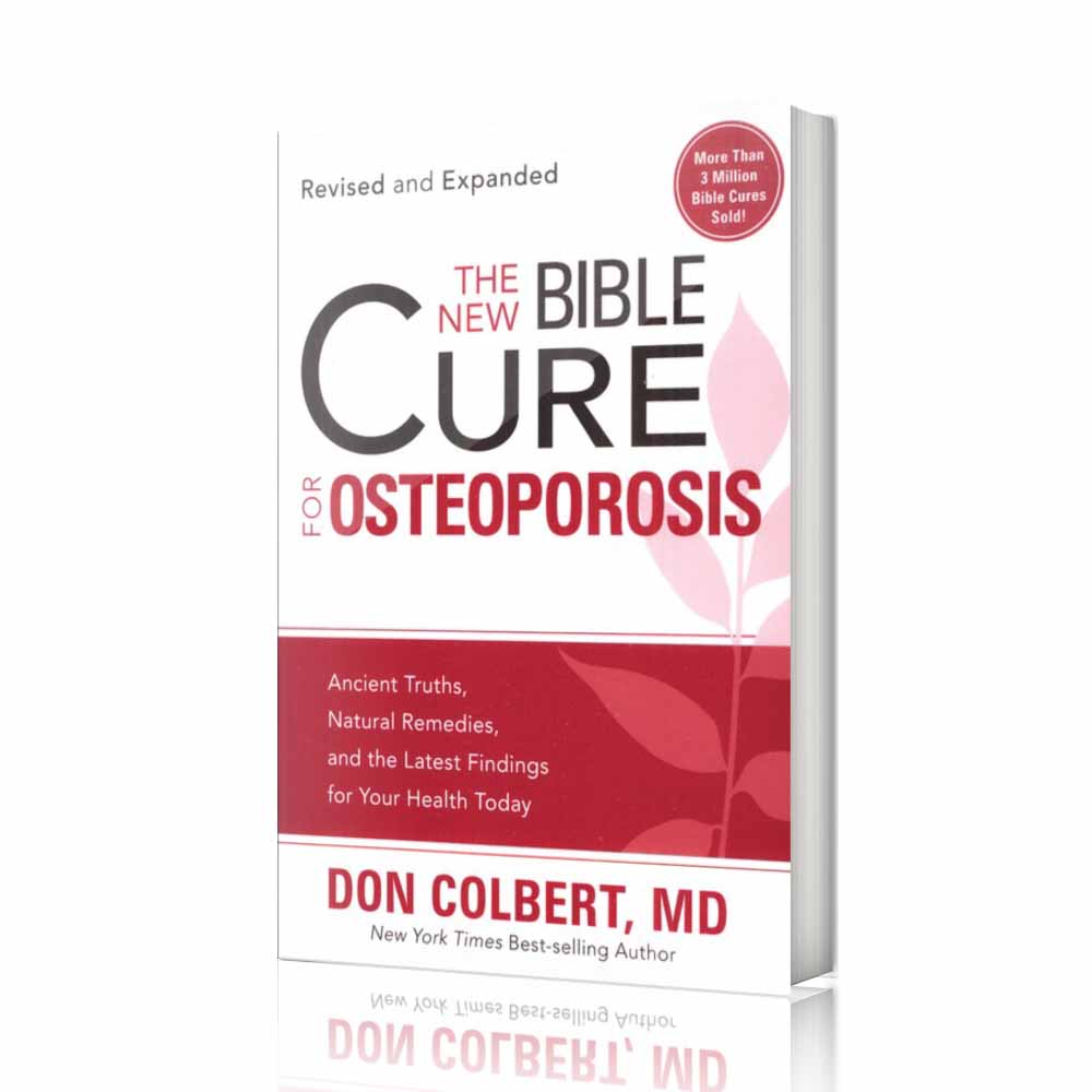The New Bible Cure for Osteoporosis book by Dr. Don Colbert, MD from Divine Health featuring a red and white cover with the title “Cure for Osteoporosis.” This natural health guide focuses on supporting bone density, joint strength, and skeletal health through improved nutrition, gut health balance, probiotics, collagen-supporting nutrients, fiber-rich foods, and healthy lifestyle practices designed to promote strong bones and long-term wellness.