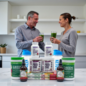 Couples Detox Starter Pack by Dr. Don Colbert, MD from Divine Health and Keto Zone displayed on a kitchen counter with a couple holding green detox drinks in the background, featuring Fiber Zone prebiotic fiber supplement tubs, Fermented Green Supremefood probiotic greens powder, Nano Glutathione liquid antioxidant drops, Liver Gallbladder Cleanse capsules, Keto Zone shaker bottles, and Fasting Zone books designed to promote gut health, digestion, natural detoxification, metabolism balance, and overall wellness support.