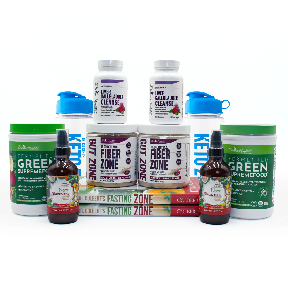 The complete Couples Detox Starter Pack by Dr. Don Colbert, MD and Divine Health, featuring Fermented Green Supremefood with probiotics, Fiber Zone prebiotic fiber, Nano Glutathione, and Liver Gallbladder Cleanse for total gut health and detoxification.
