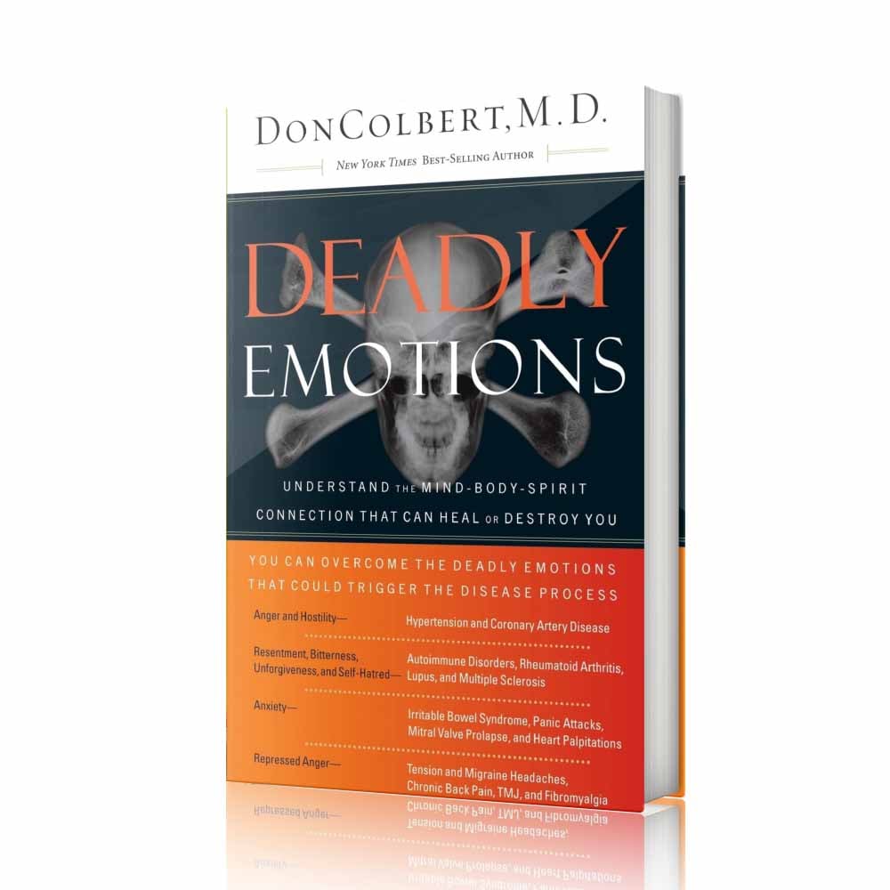 Deadly Emotions book by Dr. Don Colbert, MD from Divine Health featuring a dark cover with bold orange and white title text and a skull graphic symbolizing the impact of negative emotions on health. This wellness book focuses on the mind-body-spirit connection and how emotional stress may affect physical health. It discusses natural wellness strategies including improving gut health with probiotics, supporting digestion with fiber supplements, and maintaining overall wellness through nutrition such as collagen powder and MCT oil powder to help support balanced mental and physical health.