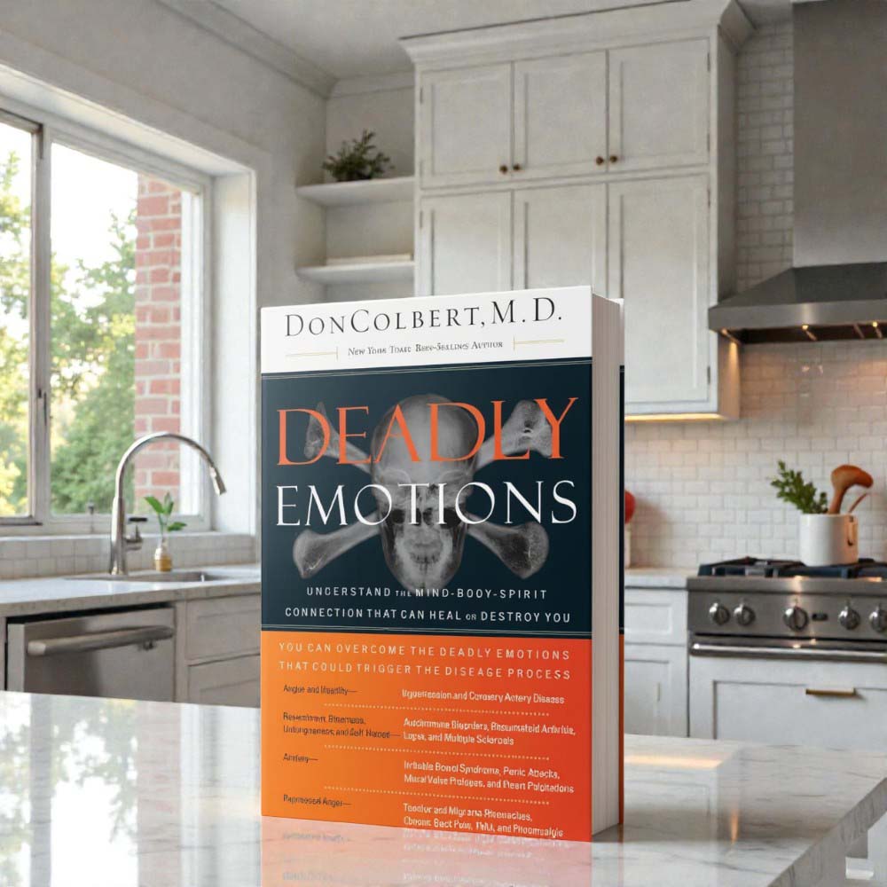 Deadly Emotions book by Dr. Don Colbert, MD from Divine Health displayed standing on a modern kitchen countertop. The book focuses on the connection between emotional health, physical wellness, and spiritual balance, explaining how stress and negative emotions can impact gut health, digestion, immune function, and overall well-being while promoting healthier lifestyle and nutrition habits for long-term wellness.