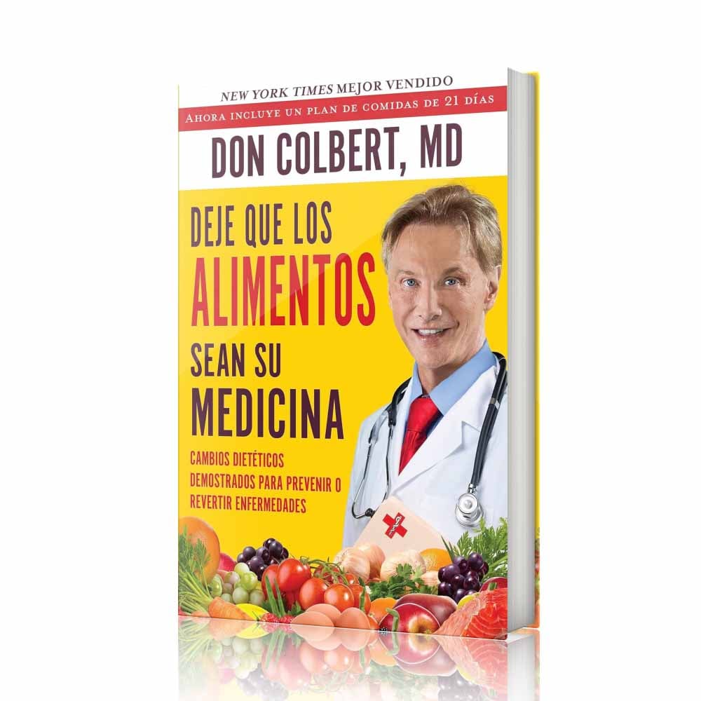 Deje Que Los Alimentos Sean Su Medicina book by Dr. Don Colbert, MD from Divine Health shown with a bright yellow cover featuring the author and fresh fruits and vegetables. This Spanish-language wellness book focuses on the concept that food can support health and healing. It discusses natural nutrition strategies, gut health improvement through probiotics, digestive support using fiber supplements, and overall wellness approaches that may include collagen powder and MCT oil powder to help support metabolic health, immune balance, and long-term vitality.