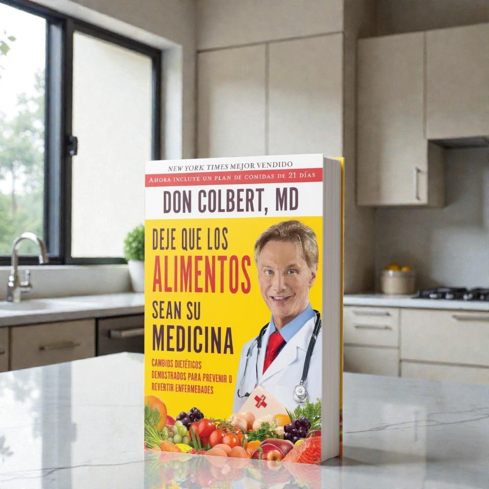 Libro Deje Que Los Alimentos Sean Su Medicina del Dr. Don Colbert, MD colocado sobre una encimera brillante en una cocina contemporánea con gabinetes claros, ventana luminosa y ambiente limpio. La portada amarilla incluye el rostro del Dr. Colbert con bata médica y un conjunto de frutas y vegetales coloridos en la parte inferior, comunicando el mensaje de nutrición y bienestar. Imagen profesional enfocada en promover contenido de salud, alimentación integral y educación nutricional dentro de Divine Health.