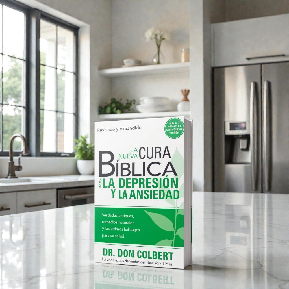 Libro La Nueva Cura Bíblica para la Depresión y la Ansiedad de Dr. Don Colbert sobre una cocina moderna iluminada; portada verde y blanca. Presenta una guía médica y de fe que utiliza nutrición, omega-3 y estrategias prácticas para ayudar a superar la depresión y ansiedad y vivir con más gozo y bienestar.