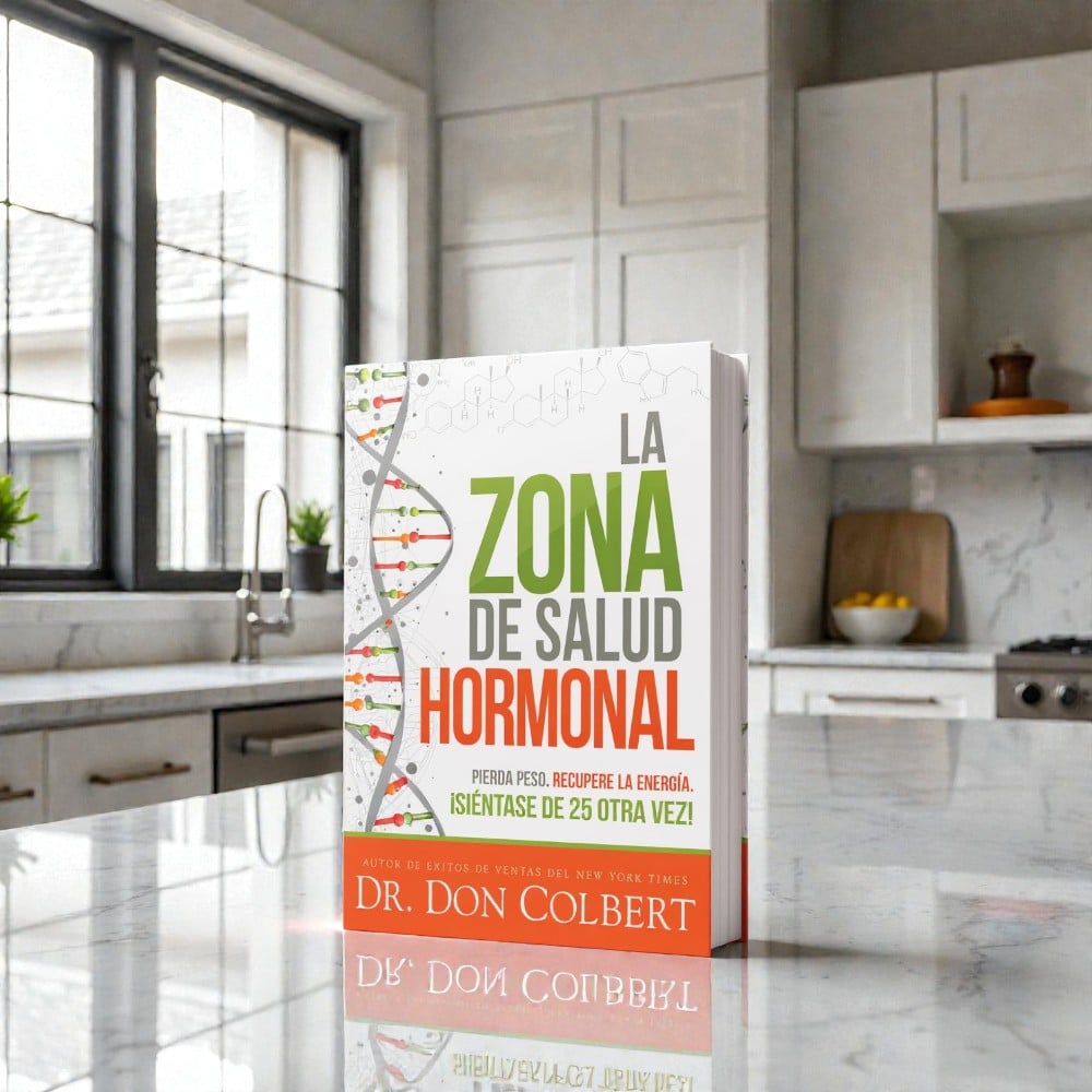 Libro ‘La Zona de Salud Hormonal’ del Dr. Don Colbert colocado sobre una encimera de cocina moderna iluminada por luz natural. La portada muestra gráficos de ADN y un estilo científico que refleja el enfoque del Dr. Colbert para optimizar el equilibrio hormonal, recuperar energía y vitalidad, y aclarar mitos sobre hormonas bioidénticas. Un recurso integral para quienes buscan soluciones de salud funcional, bienestar holístico y rejuvenecimiento natural.