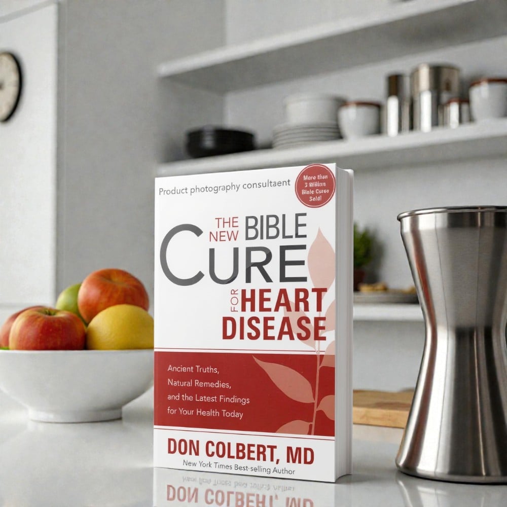 A softcover book titled “The New Bible Cure for Heart Disease” by Don Colbert, MD is displayed standing upright on a light gray kitchen countertop. The book is angled slightly to the right, showing the thickness of the pages and softcover binding. The cover features bold black and red typography, a red horizontal band across the lower portion, and a stylized leaf graphic in warm red tones. A circular red badge near the top right reads “More Than 3 Million Bible Cures Sold.” In the background, open white kitchen shelves hold stacked dishes and bowls, while a white bowl filled with apples and citrus fruit sits to the left. A stainless steel kitchen utensil container appears on the right, creating a clean, modern kitchen setting that emphasizes wellness, nutrition, and everyday lifestyle use.
