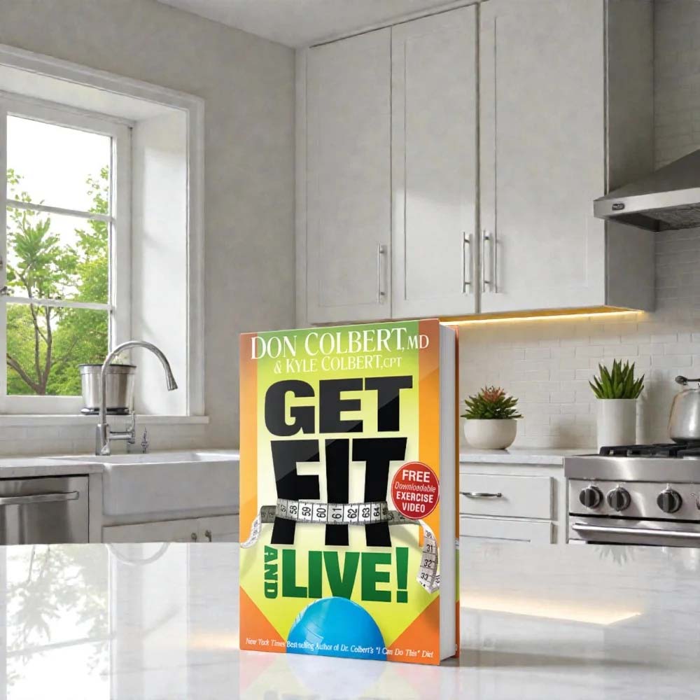 Get Fit & Live by Dr. Don Colbert, MD from Divine Health displayed upright on a modern kitchen countertop with a bright, clean kitchen background. The fitness and wellness guide focuses on improving physical health through exercise, nutrition, and healthy lifestyle habits. The book emphasizes the importance of gut health, probiotics, fiber-rich foods, and balanced nutrition to support energy, metabolism, and muscle recovery. It also highlights how collagen-supporting nutrition and ketogenic-style fats such as MCT oil powder can complement a healthy fitness routine and overall wellness plan.