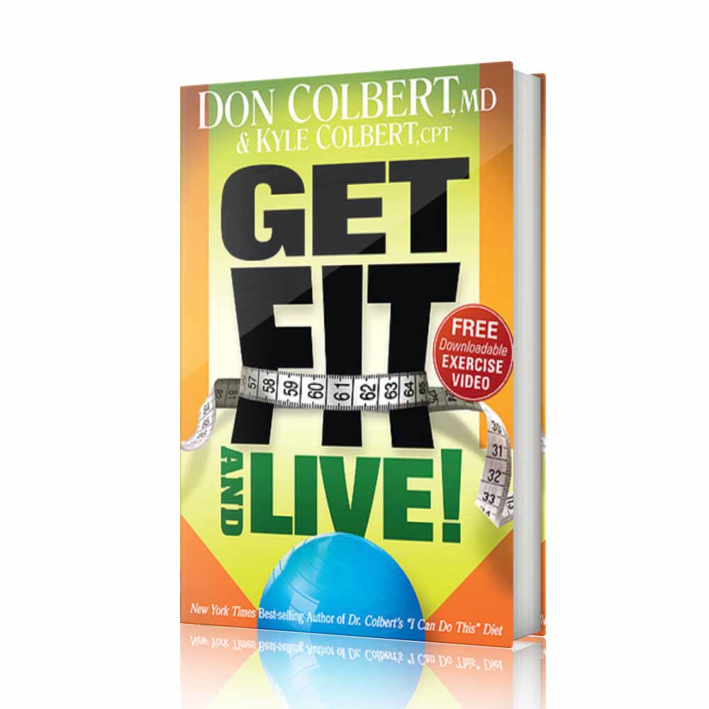 Hardcover book Get Fit and Live! by Dr. Don Colbert, MD and Kyle Colbert, CPT featuring bold typography with a measuring tape and exercise ball symbolizing fitness, weight management, and healthy living. This Divine Health wellness guide focuses on combining proper nutrition with effective exercise routines to help support metabolic health, gut health, and overall wellness. The book promotes healthy lifestyle strategies that include nutrient-dense foods, fiber-rich vegetables, and balanced nutrition to nourish the digestive system and microbiome. It aligns with wellness approaches that incorporate probiotics for gut health, fiber supplements for digestive balance, collagen powder for joint support and recovery, and MCT oil powder for sustained energy and metabolic performance. Get Fit and Live! provides practical fitness strategies and nutrition guidance designed to help readers improve strength, support digestion, and maintain long-term health through a balanced lifestyle.