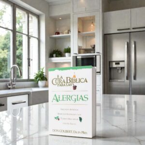 La Cura Bíblica para las Alergias book by Dr. Don Colbert, MD from Divine Health displayed on a modern kitchen countertop, highlighting a Spanish-language natural health guide focused on supporting allergy relief through improved nutrition, gut health balance, and immune support. The book discusses how probiotics, fiber-rich foods, healthy lifestyle habits, and targeted supplementation can help support digestion, strengthen the immune system, and promote overall wellness for individuals experiencing seasonal or environmental allergies.