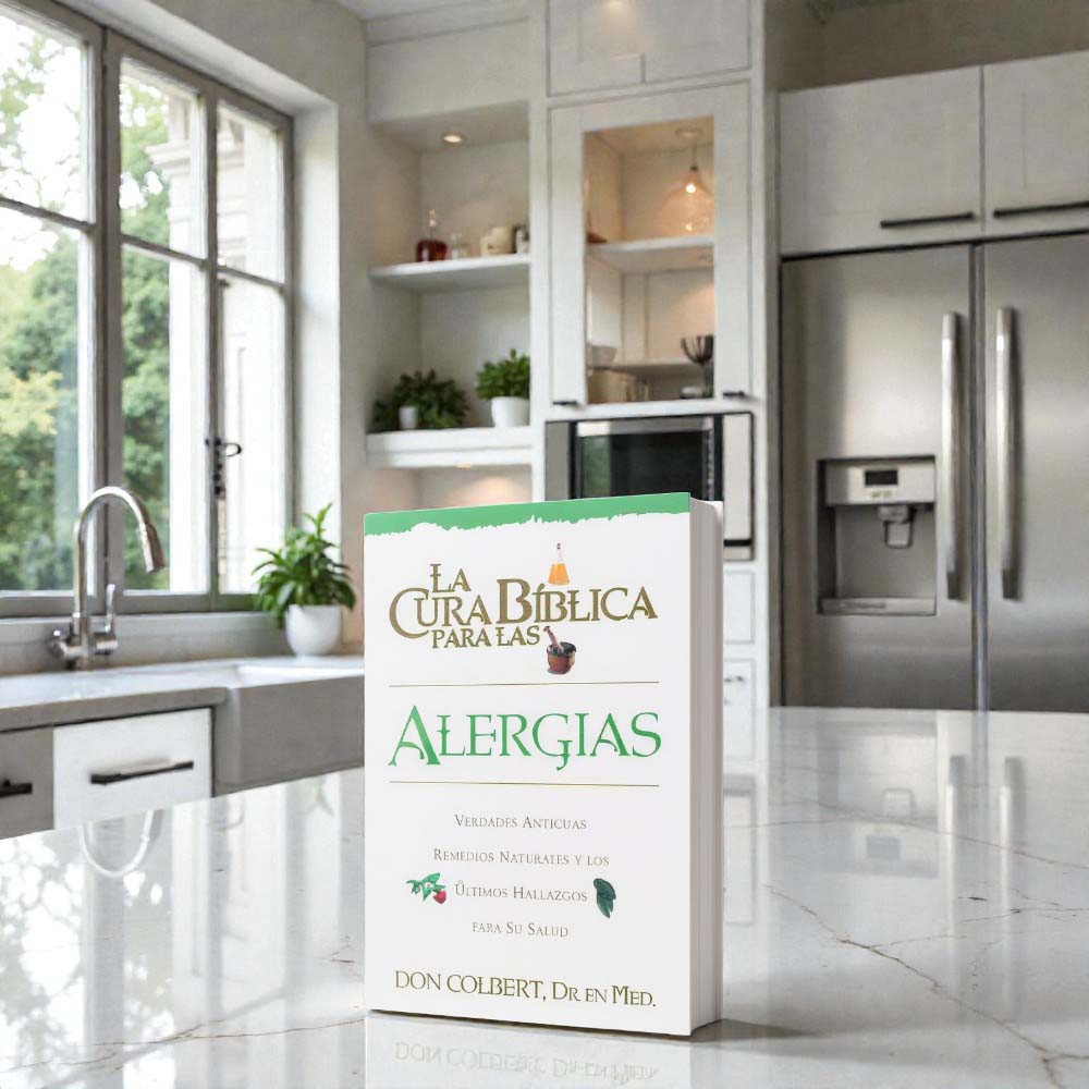 La Cura Bíblica para las Alergias book by Dr. Don Colbert, MD from Divine Health displayed on a modern kitchen countertop, highlighting a Spanish-language natural health guide focused on supporting allergy relief through improved nutrition, gut health balance, and immune support. The book discusses how probiotics, fiber-rich foods, healthy lifestyle habits, and targeted supplementation can help support digestion, strengthen the immune system, and promote overall wellness for individuals experiencing seasonal or environmental allergies.