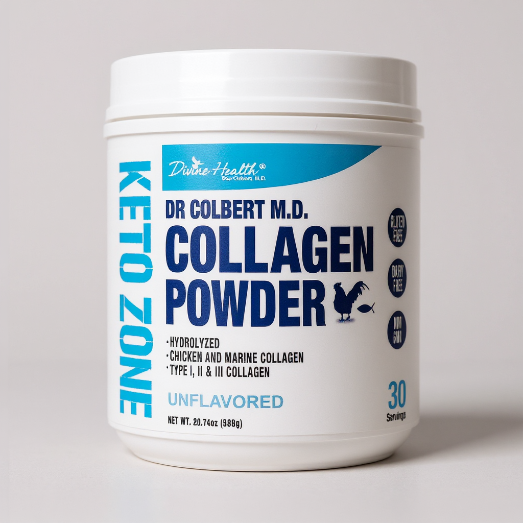 Divine Health Unflavored Collagen Powder by Dr. Colbert, MD – hydrolyzed chicken and marine Type I, II & III collagen for hair, skin, nail, and joint support