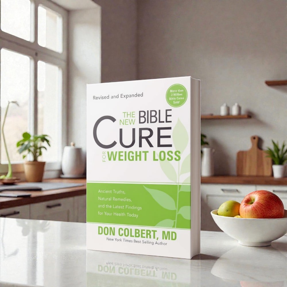 A softcover paperback copy of “The New Bible Cure for Weight Loss” by Don Colbert, MD stands upright on a glossy white kitchen countertop in a bright, modern home setting. The book is slightly angled, showing the full front cover and the thickness of the pages along the right edge. Natural daylight streams in through a large window behind the book, illuminating light wood shelving, ceramic containers, and small green plants in the background. The cover features a clean white upper section with bold black typography for the word “CURE” and soft green lettering for “Weight Loss,” accented by a leaf graphic symbolizing renewal and balance. A green band spans the lower portion of the cover with the subtitle visible, while a small green badge near the top reads “More than 3 Million Bible Cures Sold.” A bowl of fresh apples and pears sits to the right, reinforcing themes of nutrition, simplicity, and healthy lifestyle choices.