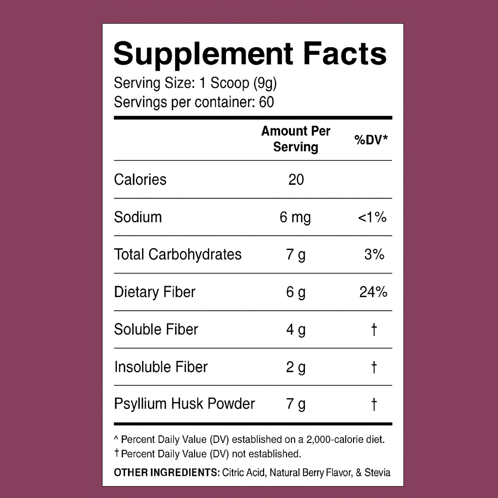 Supplement Facts for Divine Health Fiber Zone Berry Flavor – 60 servings with 6g fiber, psyllium husk, and inulin per scoop.