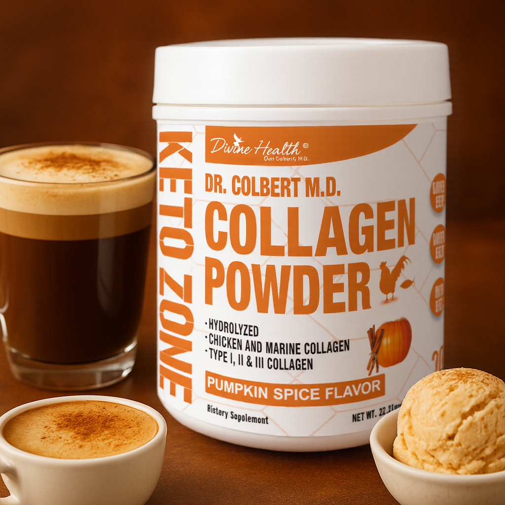 Dr. Colbert’s Keto Zone Collagen Powder Pumpkin Spice Flavor with coffee and ice cream – hydrolyzed chicken and marine collagen, Type I, II & III