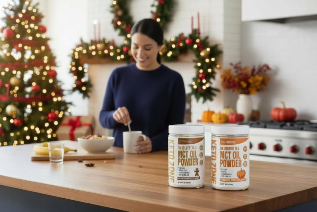 A woman preparing a warm drink in a festive Christmas kitchen with wreaths and holiday décor, with two containers of Keto Zone MCT Oil Powder displayed on the counter.