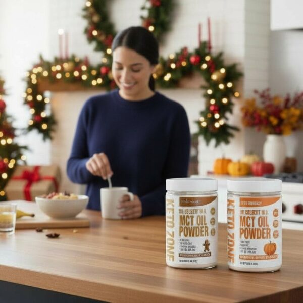 A woman preparing a warm drink in a festive Christmas kitchen with wreaths and holiday décor, with two containers of Keto Zone MCT Oil Powder displayed on the counter.