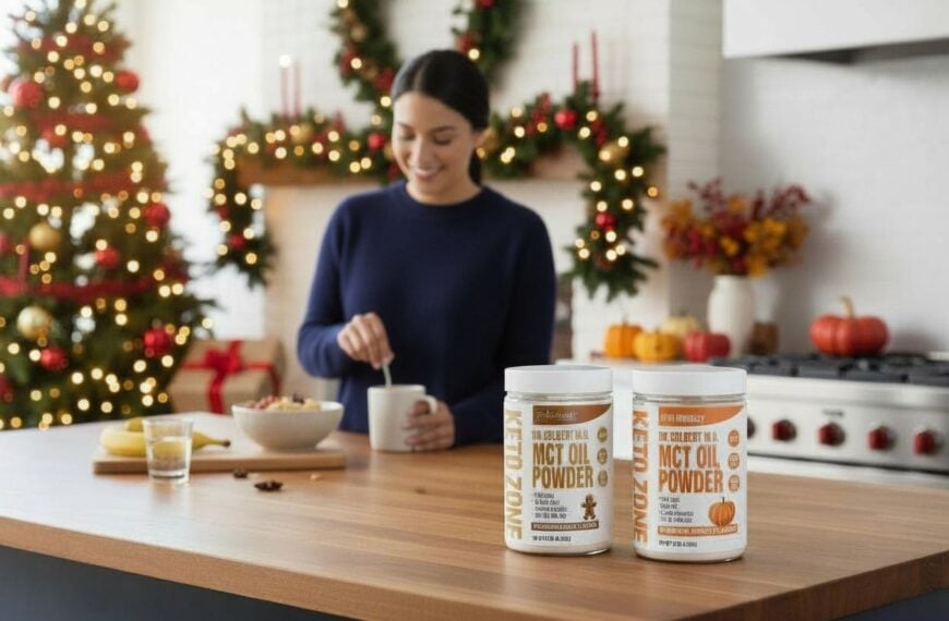 A woman preparing a warm drink in a festive Christmas kitchen with wreaths and holiday décor, with two containers of Keto Zone MCT Oil Powder displayed on the counter.