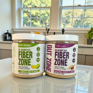 Dr. Colbert Fiber Zone Lemon-Lime and Berry flavor supplements displayed in a kitchen, Divine Health gut health and keto-friendly fiber powder (30 servings).