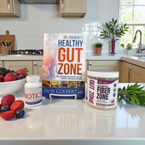 Dr. Colbert Gut Zone Starter Pack with Green Supremefood, Enhanced Multivitamin, and Immune Support on a kitchen countertop.