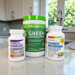 Immune Support Maintenance Pack by Dr. Colbert with Immune Support, Fermented Green Supremefood, and Enhanced Multivitamin on a kitchen counter.