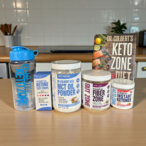 Keto Zone Starter Pack with MCT Oil Powder, Instant Ketones, Fiber Zone, test strips, shaker bottle, and Keto Zone Diet book.