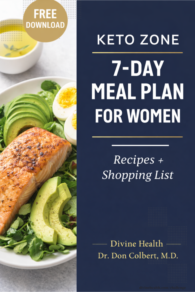 Cover of 7-Day Keto Zone Recipe Booklet for Women by Dr. Don Colbert MD – clipboard design with keto foods, meal plan title, and Divine Health branding