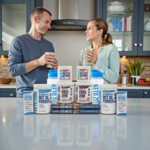 Couple enjoying smoothies in a modern kitchen with the Keto Zone Starter Pack by Dr. Don Colbert, MD supporting daily energy, keto routines, and shared wellness habits.