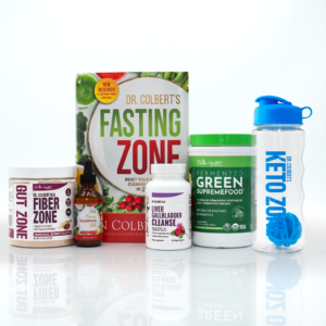 Divine Health Detox and Fasting Starter Pack by Dr. Don Colbert, MD with multiple supplements arranged together, including Green Supremefood, Berry Fiber Zone, Liver and Gallbladder Cleanse, and Nano Glutathione Drops