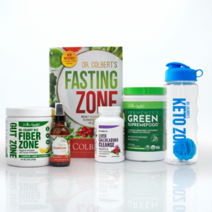 Divine Health Detox and Fasting Starter Pack by Dr. Don Colbert, MD with multiple supplements arranged together, including Green Supremefood, Berry Fiber Zone, Liver and Gallbladder Cleanse, and Nano Glutathione Drops