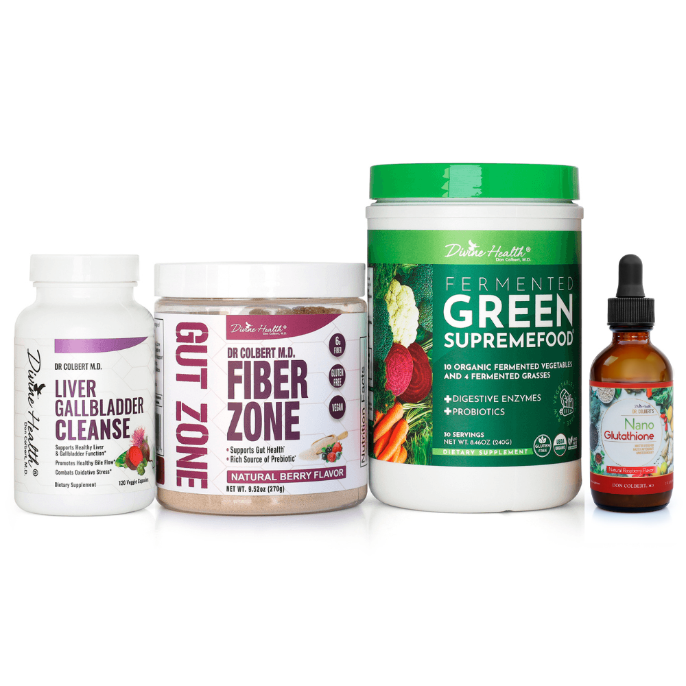 Divine Health Detox and Fasting Starter Pack by Dr. Don Colbert, MD with multiple supplements arranged together, including Green Supremefood, Berry Fiber Zone, Liver and Gallbladder Cleanse, and Nano Glutathione Drops