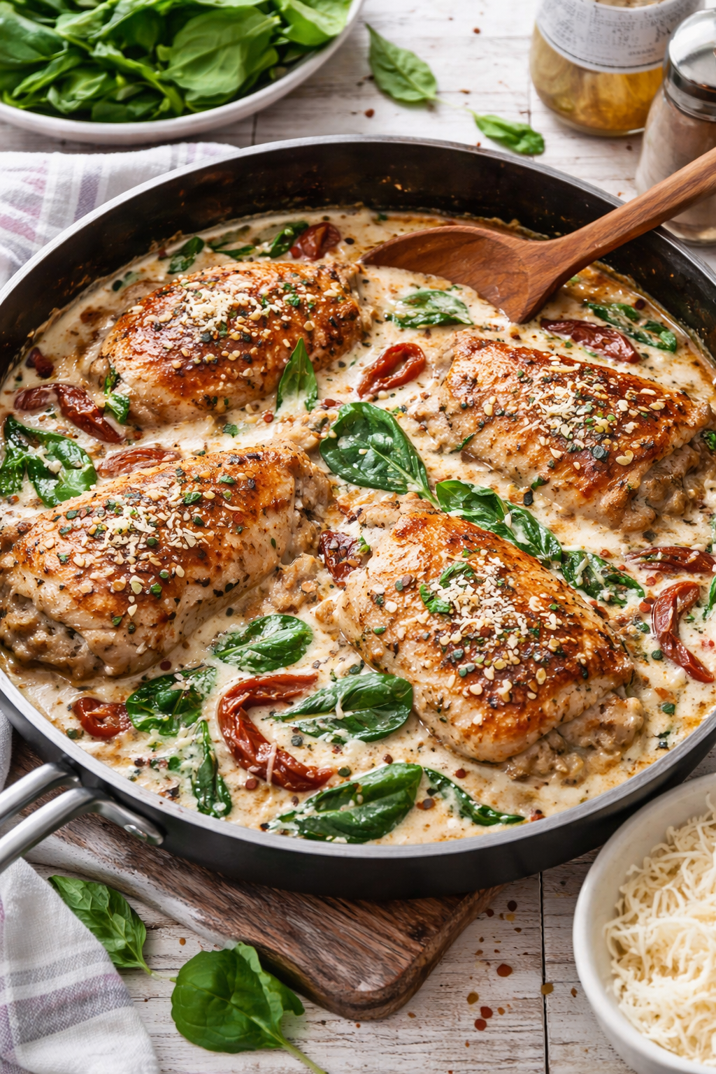 Creamy Keto Zone Tuscan chicken in a skillet with garlic Parmesan sauce, spinach, and sun-dried tomatoes