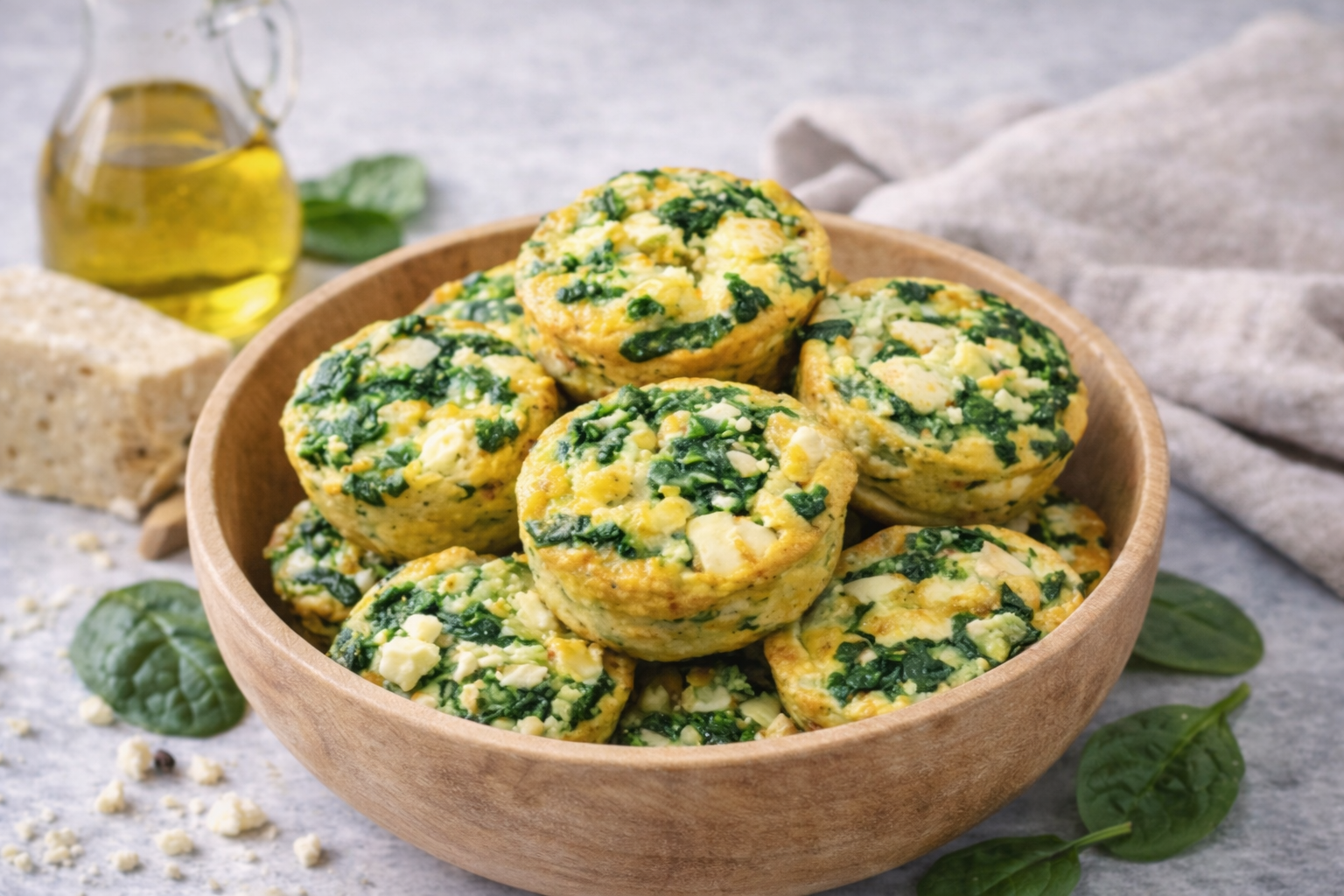 Spinach and feta egg muffins in a bowl, keto meal prep breakfast, grab-and-go high protein, low carb