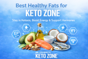 Keto Zone healthy fats graphic showing avocado, olive oil, coconut/MCTs, salmon, sardines, and nuts with text: “Best Healthy Fats for Keto Zone, Stay in Ketosis, Boost Energy & Support Hormones.”