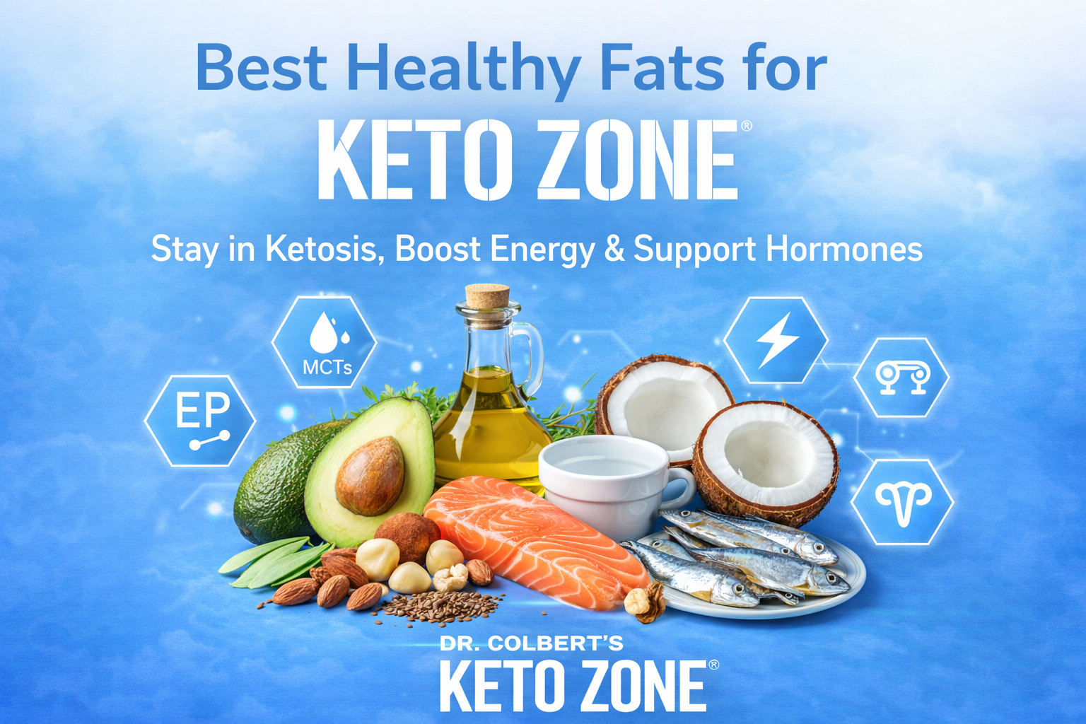 Keto Zone healthy fats graphic showing avocado, olive oil, coconut/MCTs, salmon, sardines, and nuts with text: “Best Healthy Fats for Keto Zone, Stay in Ketosis, Boost Energy & Support Hormones.”