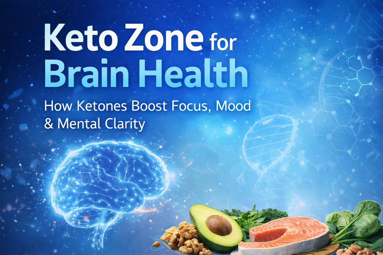 Keto Zone for Brain Health graphic with a glowing brain, blue science background, and keto foods (avocado, salmon, walnuts, leafy greens) with text about ketones boosting focus, mood, and mental clarity.