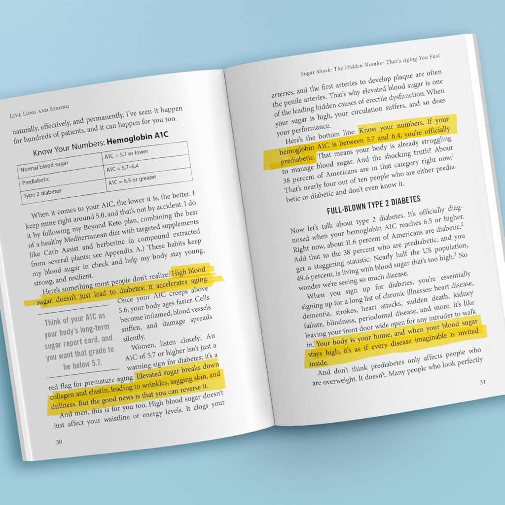 Open pages of Live Long and Strong by Dr. Don Colbert, MD from Divine Health showing highlighted sections about hemoglobin A1C, blood sugar levels, and the impact of high glucose on aging and disease. The content emphasizes the importance of gut health, probiotics, fiber-rich nutrition, and metabolic balance for long-term wellness. This health guide illustrates how managing blood sugar and supporting digestion can improve energy, protect collagen, and promote overall vitality, aligning with Divine Health principles for longevity and disease prevention.