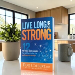 Live Long and Strong paperback book by Dr. Don Colbert, MD Divine Health displayed on kitchen counter highlighting health markers and wellness benefits.
