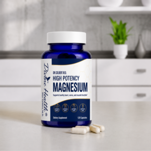 High Potency Magnesium supplement bottle by Divine Health and Dr. Don Colbert, MD on kitchen countertop with smooth white cap, cobalt blue bottle, and chelated magnesium formula for muscle, nerve, heart, and bone support