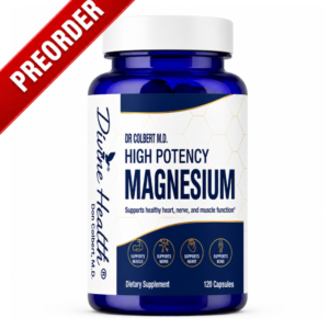 High Potency Magnesium supplement bottle by Divine Health and Dr. Don Colbert, MD with preorder ribbon, cobalt blue bottle, white cap, and chelated magnesium formula for muscle, nerve, heart, and bone support