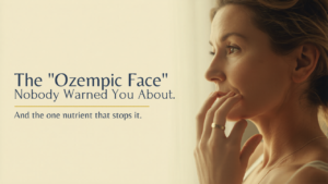 Middle-aged woman examining her reflection in a bathroom mirror, illustrating skin changes and Ozempic face after rapid weight loss