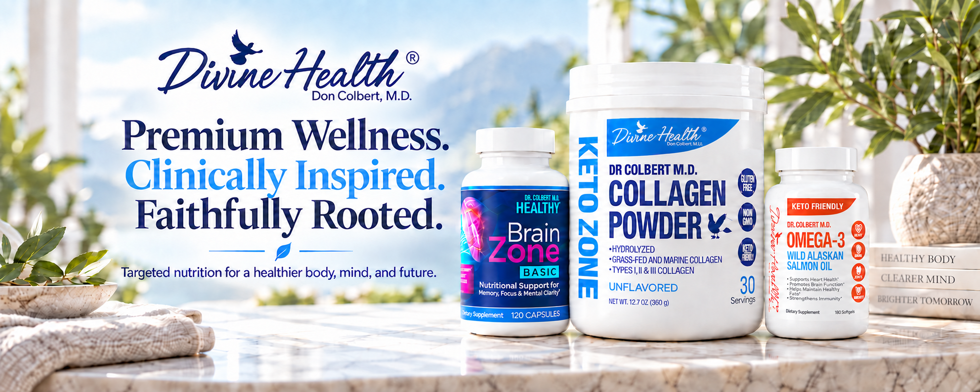 Divine Health Collagen Powder, Brain Zone Basic, and Omega-3 Wild Alaskan Salmon Oil by Dr. Don Colbert, M.D.